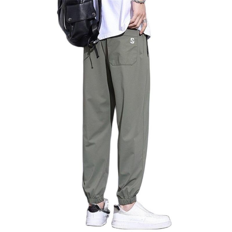 Ice Silk Pants Men's Fashion Brand Loose Leg Tie Sports Quick Drie Summer Thin Breathable Cropped Casual Pants