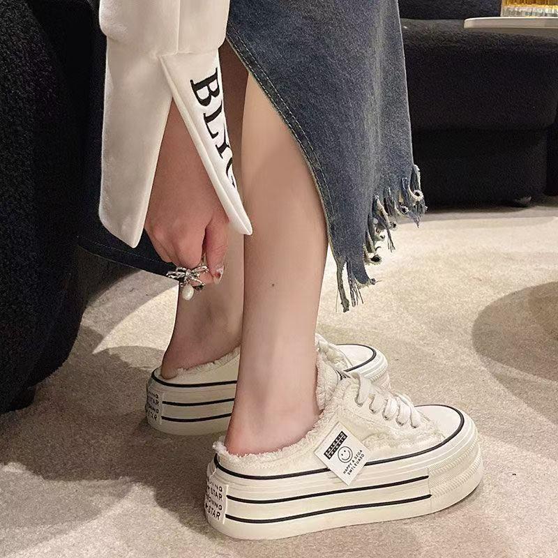Baotou slippers for women to wear 2025 spring new canvas shoes without heel versatile lazy half-drag platform beggar shoes