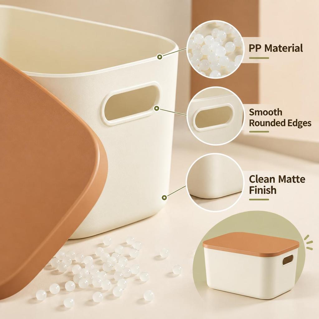 Cream Storage Box with Lid, Stackable PP Organizer Bin with Handles for Closet, Shelf, Kids Room and Home Storage