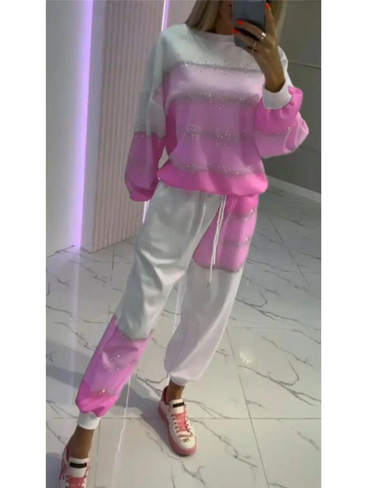 European & American Women's Casual Sprinkle Stripe Top & Drawstring Pants Set - 2025 Collection