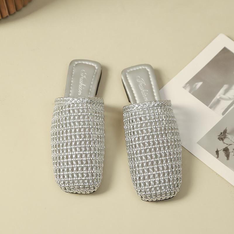 

Summer new hollow woven sandals women s flat bottom square head half slippers versatile lazy drag 35