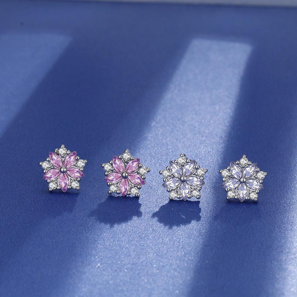Korean Style Silver Needle Horse Eye Pink Cubic Zirconia Flower Stud Earrings