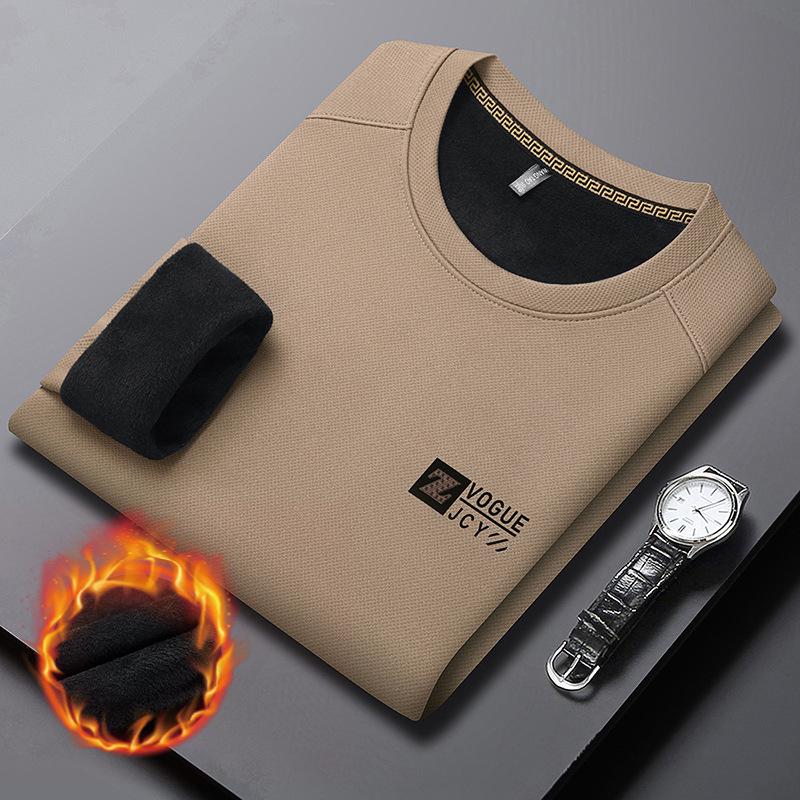 Men's Long Sleeve Round Neck Sweatshirt - Thick Velvet, Warm Base Layer for Autumn/Winter Fashion