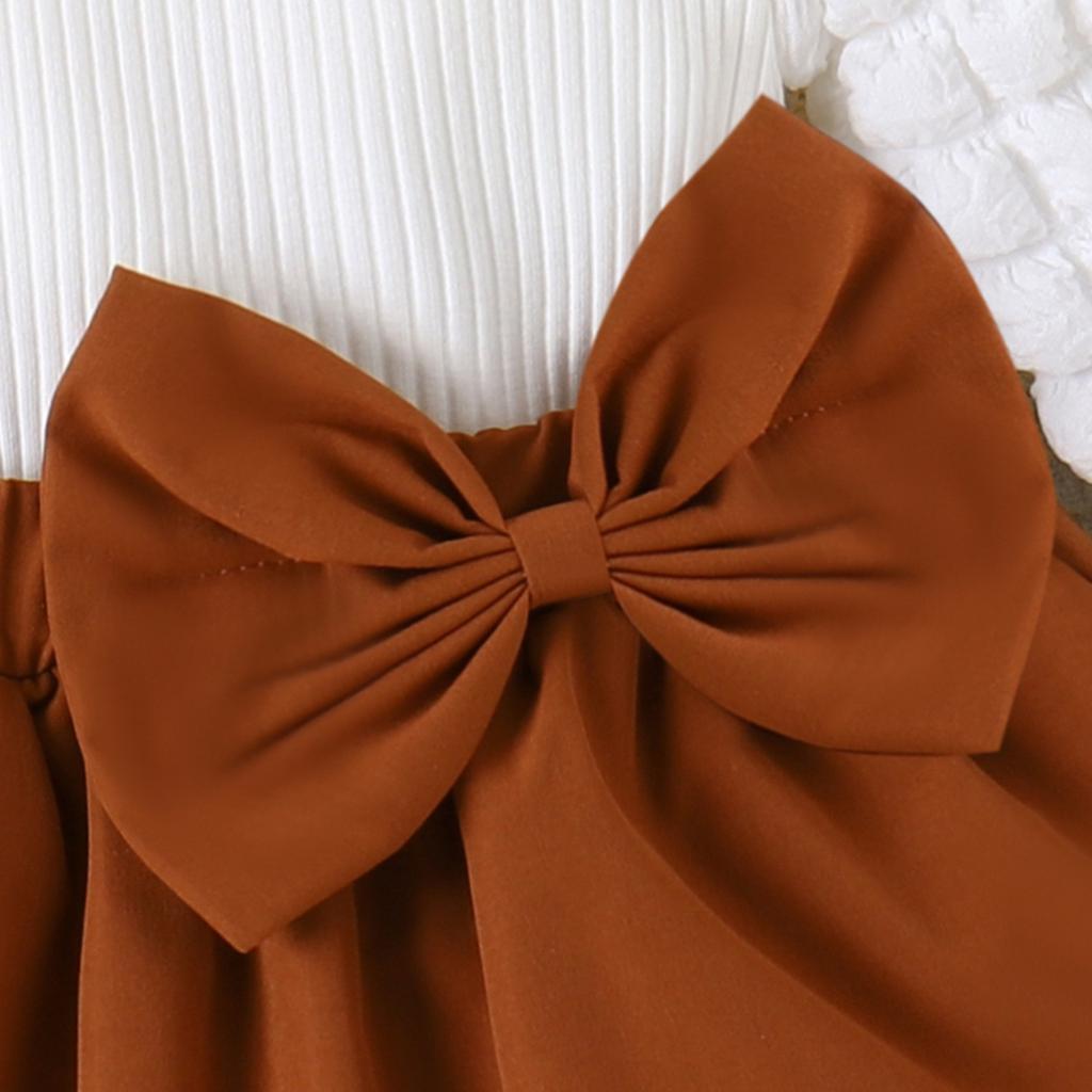 Children's Clothing Autumn Winter Puff Sleeve Ribbed Top Solid Color Bow Irregular Hem Girls' Set
