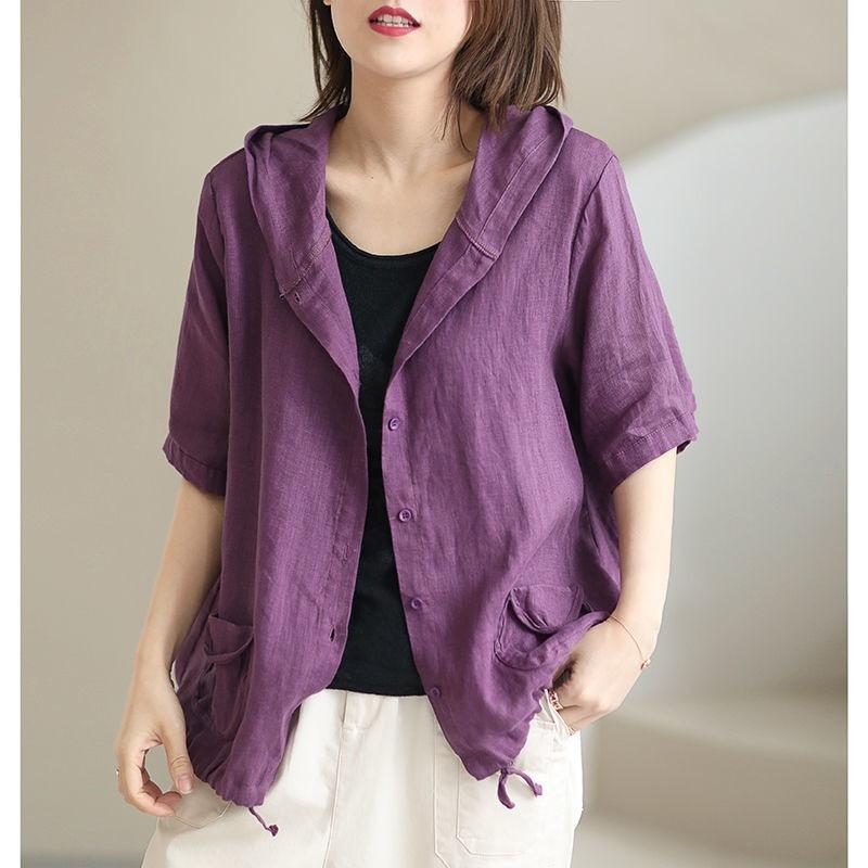 Cardigan oversize estivo alla moda da donna, con cappuccio, in cotone e lino, viola caffè, casual, ampio, taglie forti, vintage, da donna, sottile.