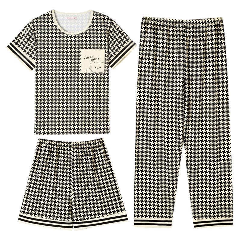 Year's three-piece pajamas women's summer new fine imitation cotton round neck short-sleeved high-end loungewear set spring and autumn
