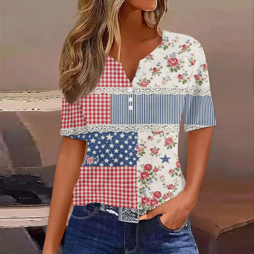 Women's Fashion Casual Independence Day Print V-Neck Short Sleeve Button-Up T-Shirt Top