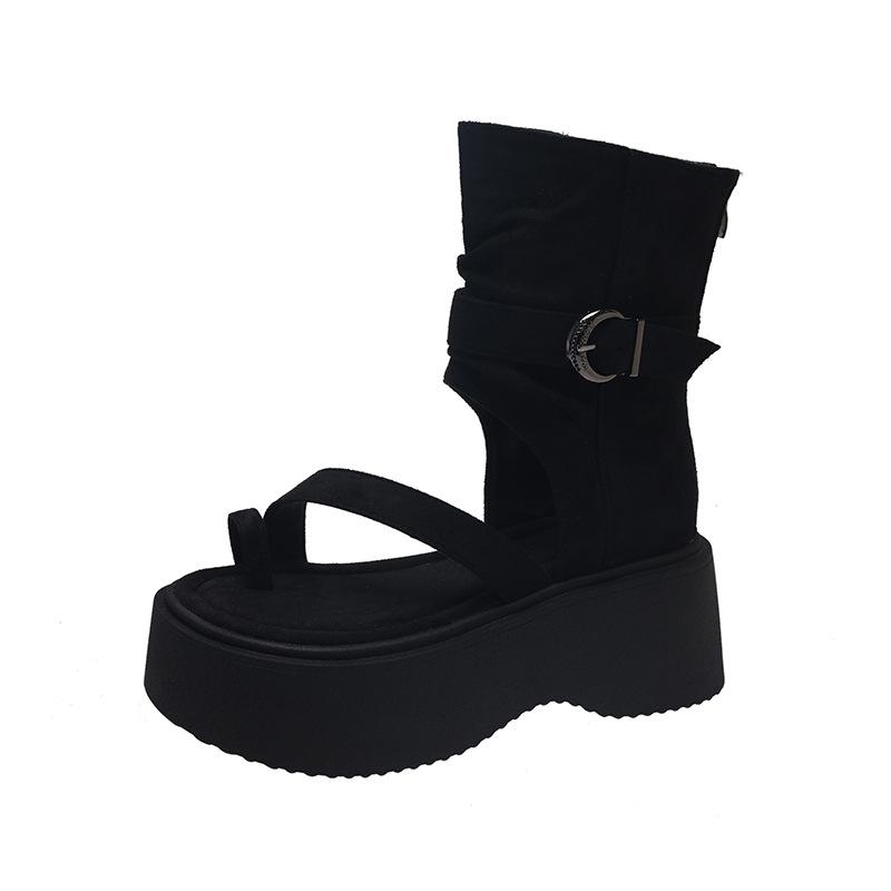 Retro thick-soled cool boots for women's 2025 summer new fashion set-toed high-top sandals heightened zipper short boots