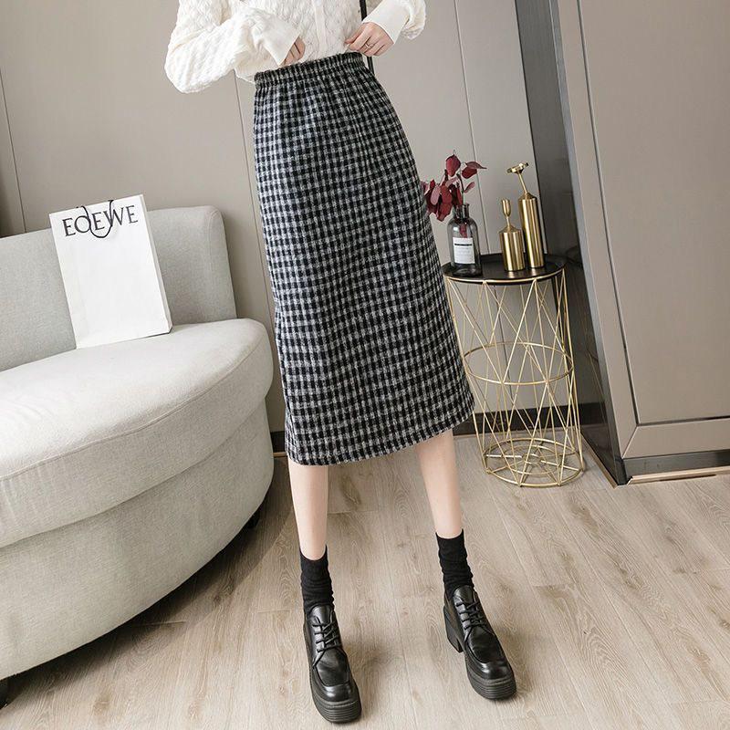 Fustă Midi pentru Femei din Lână cu Dungi Pied-de-Poule Căptușită cu Fleece - Toamnă/Iarnă 2025 Talie Înaltă Cu Șliț Bodycon