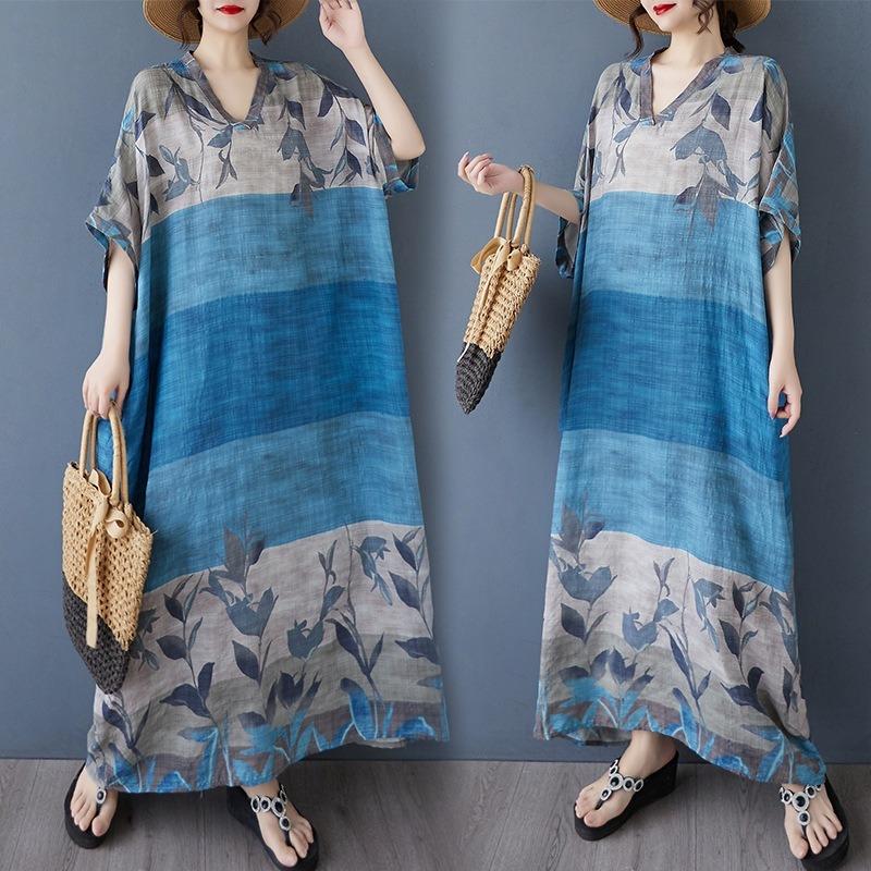 Real Summer New Color Vacation Style Travel V-neck Retro Long Dress Covering Meat Cotton and Linen Dress Women's Clothing
