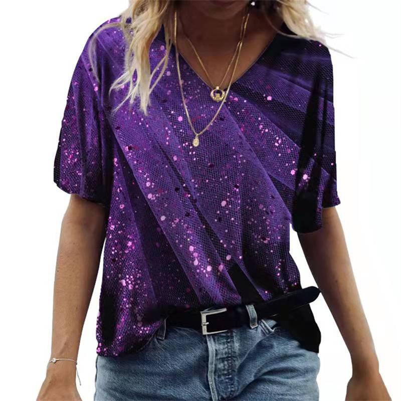 Damski T-shirt z krótkim rękawem i dekoltem V Luźny T-shirt Miejski Casual Nadruk 3D Damska Podstawa