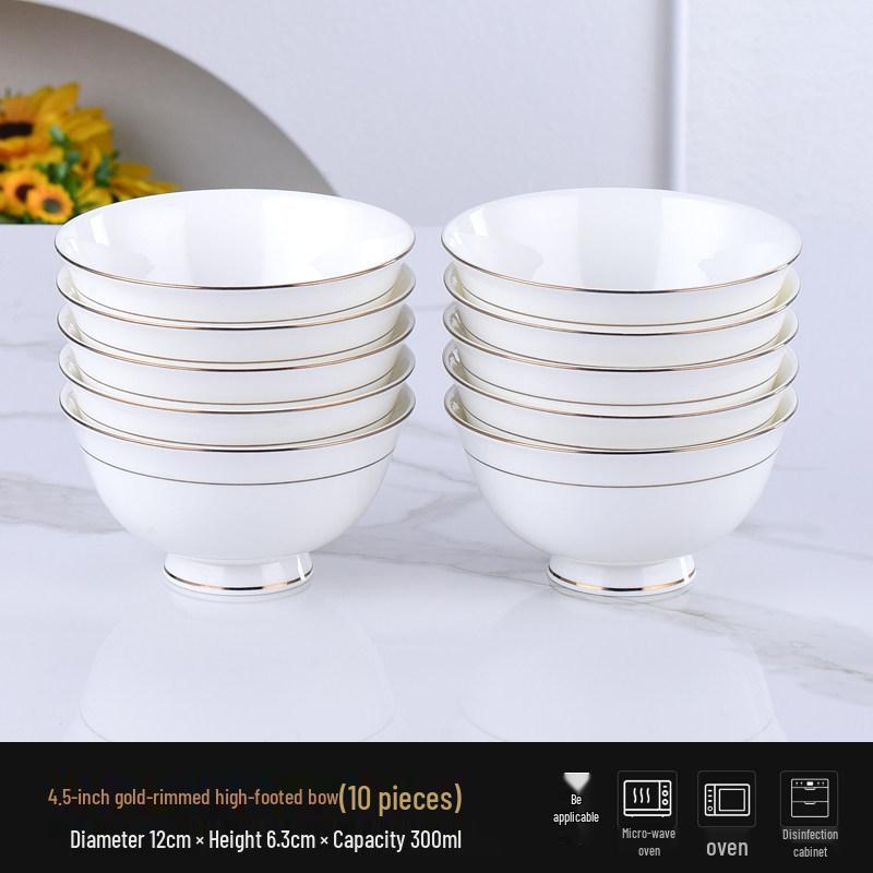 Ceramic Gold Rim Bone China Tableware Set - Microwave Safe Deep Plate, Rice Bowl for Home and Hotel Use.