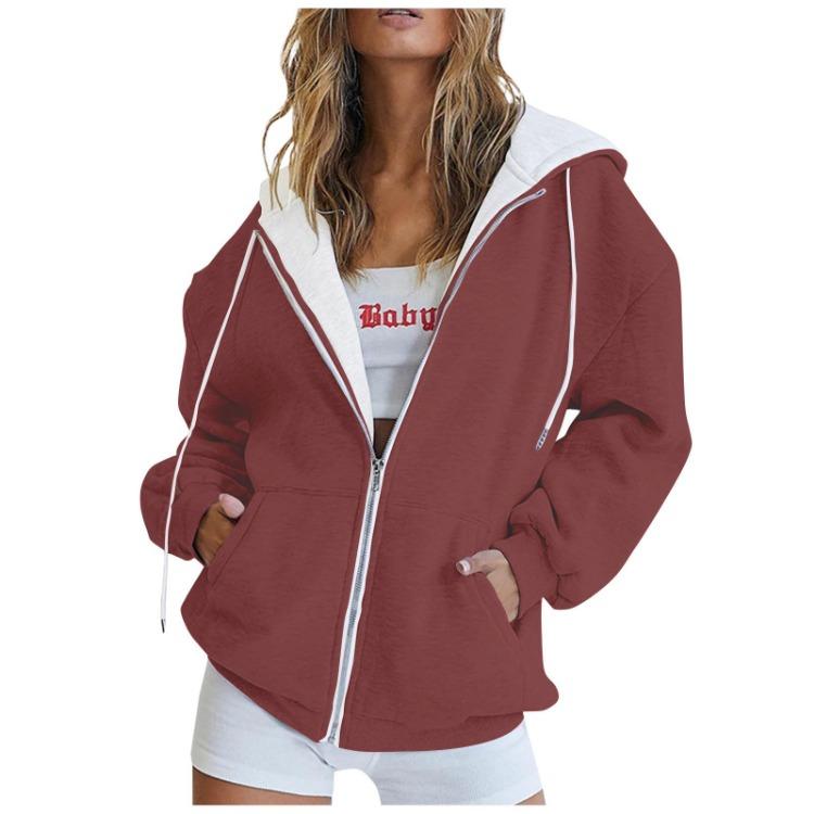 Fashion Hoodie Women Long Sleeve Zipper Hooded Pullover Casual Sweatshirt Solid Color Tops With Pockets