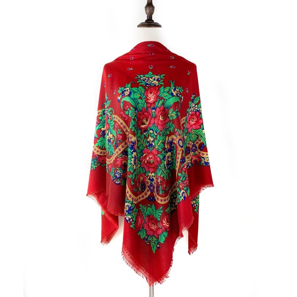130×130cm Women s Shawl Scarves Breathable Thin Russian National Square Scarf Luxury Floral Print Ethnic Shawl Bandana красный