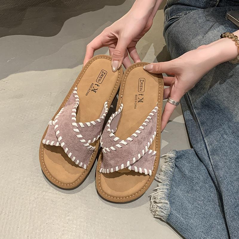 Slippers 2025 summer new flat-bottomed cross-word slippers women's casual fashion versatile outer lazy pedal