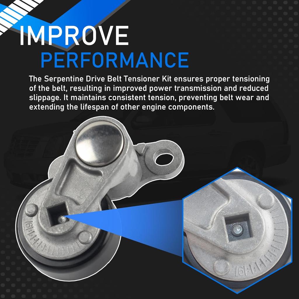 Car A/C Serpentine Drive Belt Tensioner Kit 90K-38159 Compatible With 1999-2008 Cadillac Escalade Chevrolet Avalanche Silverado Express GMC Sierra H2
