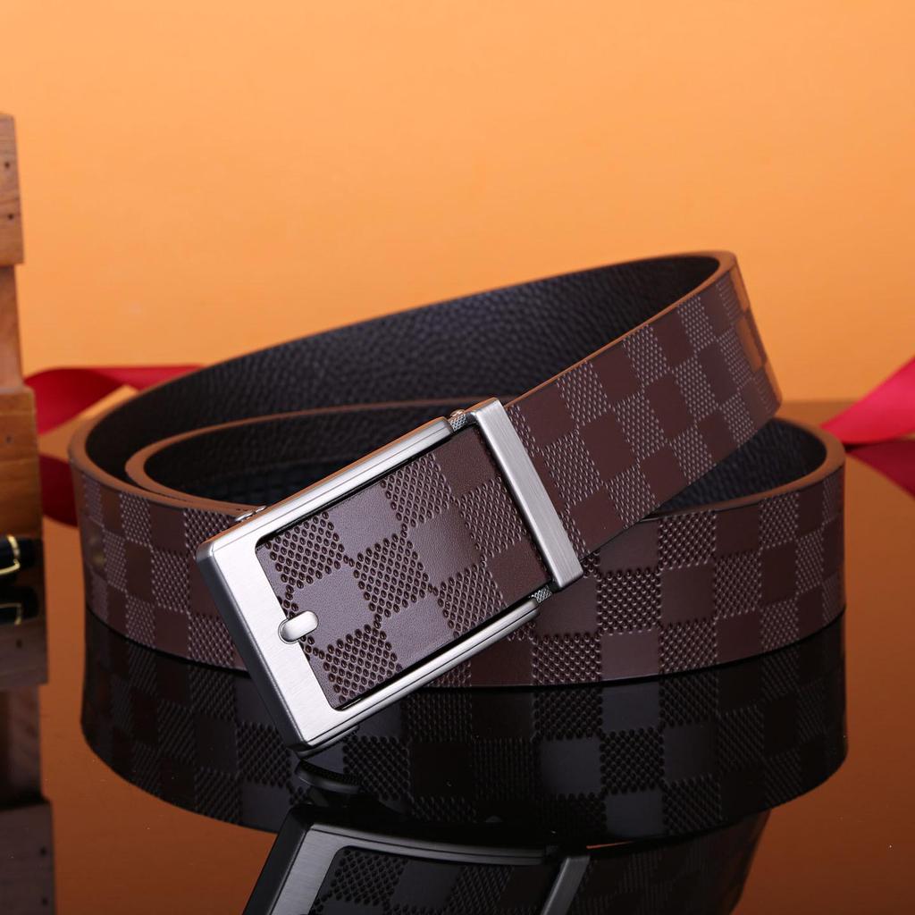 Men's Leather Belt, Genuine Leather, Automatic Buckle, Plaid Pattern