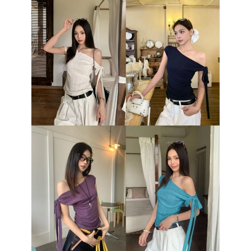 Korean irregular design slanted shoulder short-sleeved T-shirt women's summer pure desire style slim-fitting versatile foreign style off-the-shoulder 