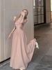 Sweet and Gentle Pink Small Flying Sleeve Dress Women's Summer Lotus Leaf Edge Square Neck Long Dress Waist Temperament a Word Skirt