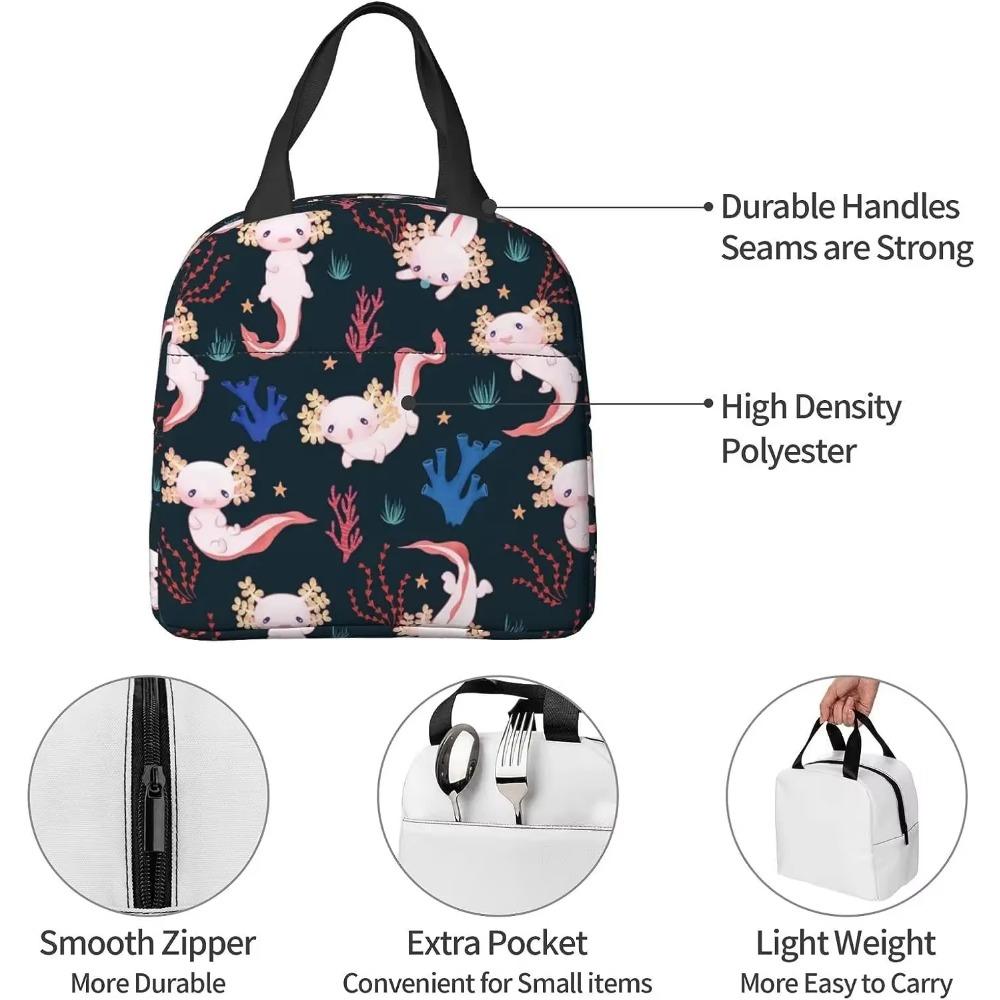 Kawaii Lunch Bag Axolotls Insulated Lunch Box for Women Men Reusable Portable Lunch Bento Tote for School Work Picnic Hiking
