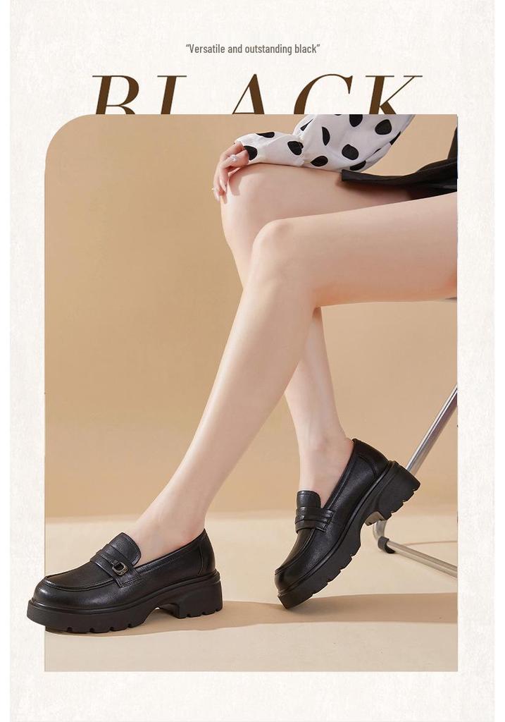 Red Dragonfly Women's Genuine Leather Chunky Heel Loafers - Retro British Style, Black Shallow Mouth.