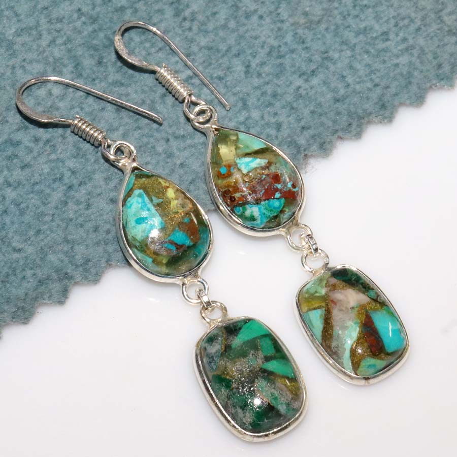 Copper Chrysocolla 925 Silver Plated Earrings 2.2" Elegant Gift Design Trendy f5V54