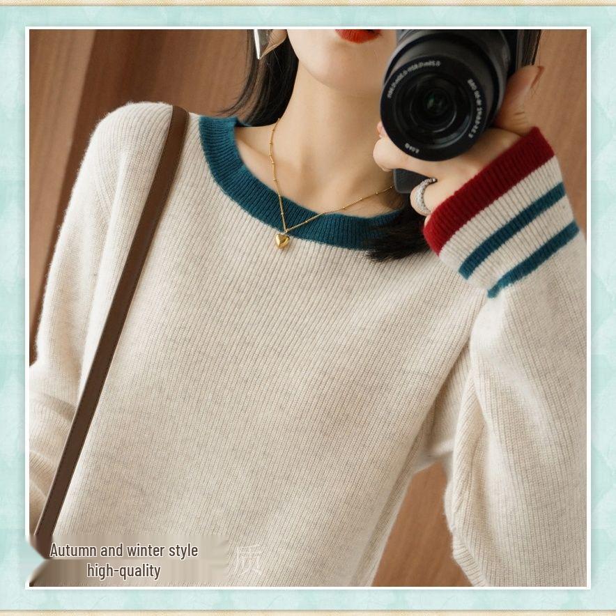 

Женский вязаный свитер большого размера с цветными блоками, с круглым вырезом и длинными рукавами, 2024 S recommended below 45 kg