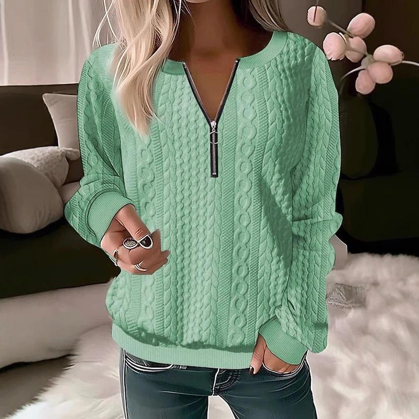 Women's Round Neck Blouse Quarter Zip Textured Knit Long Sleeve Pullover Sweatshrit