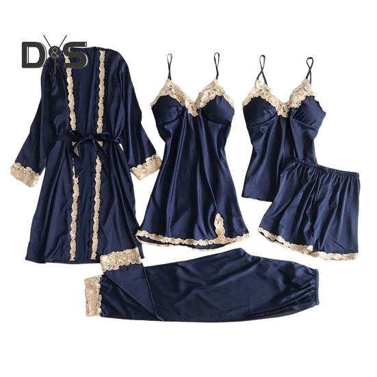 5 Pcs/Set Women Pajamas Set Nightgown Nightdress Top Shorts Pants Set Silky Satin Lace Patchwork Loose Lace-up Waist Thin Women Homewear Set