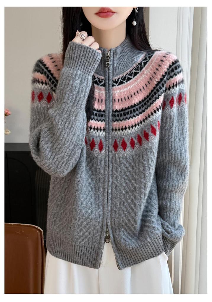 Women's Retro Zipper Wool Cardigan - Stylish Jacquard Knit for Autumn/Winter
