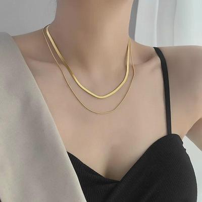 18K Gold Plated Titanium Steel Double Snake Bone Necklace - Trendy European and American Short Clavicle Chain for Women