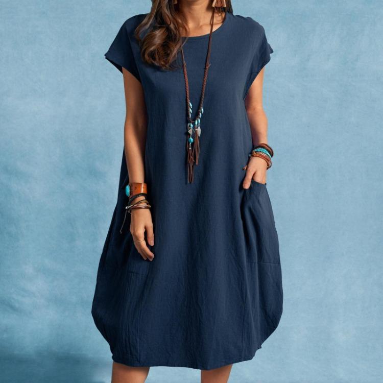 Women Casual Loose Dress European American Style Solid Color Cotton Linen Fabric Pocket Spring Summer