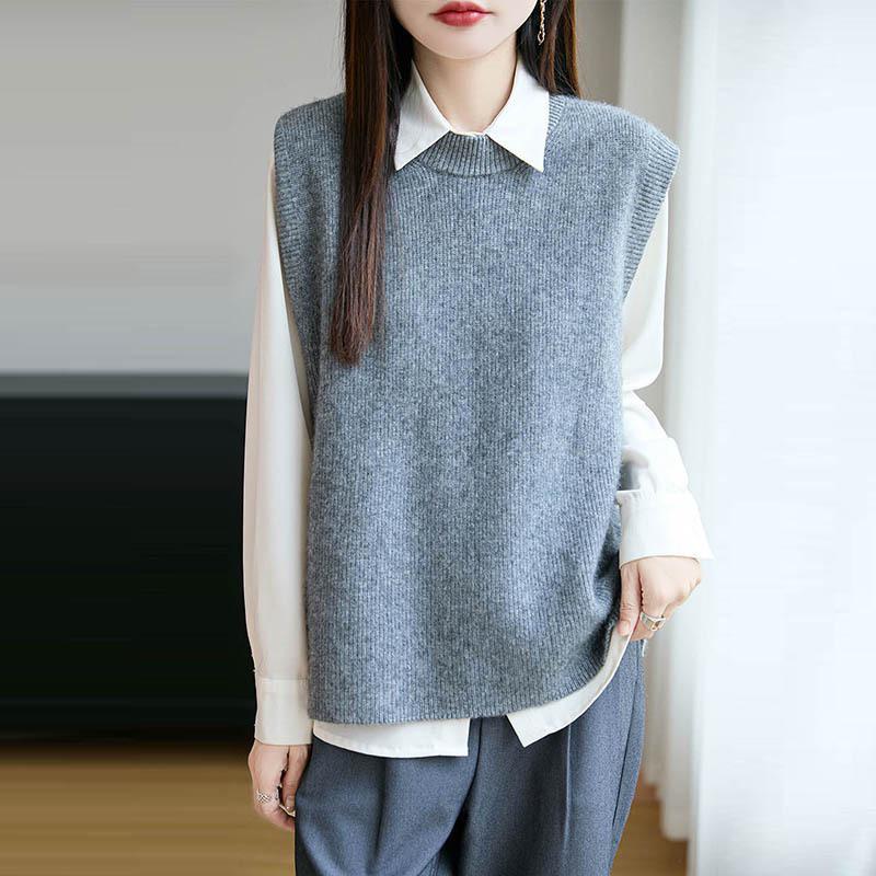 Women's Ribbed Knit Wool Vest - Round Neck Sleeveless Cardigan, Loose Fit Versatile Layering Top