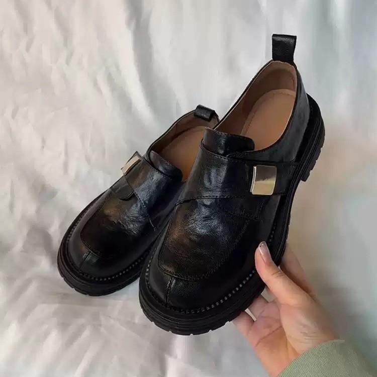 Sheepskin version~ thick-soled Velcro leather loafers women's British style thick heel deep mouth single shoes black jk small leather shoes