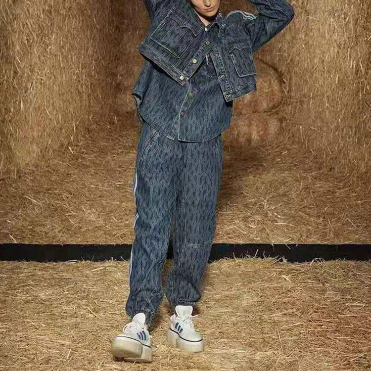 Adidas Originals X Ivy Park All Over Print Casual Loose Fit Denim Pants Men Bottoms Blue H61699