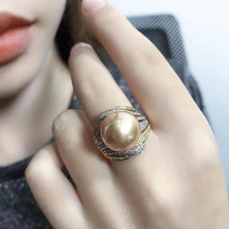 Gorgeous Champagne Imitation Pearl Rings for Women Two Tone Full CZ Luxury Trendy Wedding Engagement Jewelry New Arrival