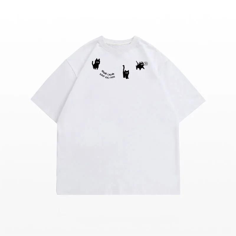 Heavyweight 100% Cotton Unisex Kitten Print Loose Short Sleeve T-shirt