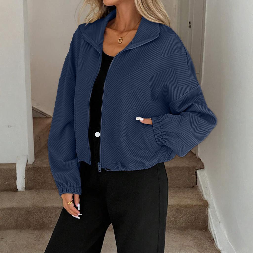 Women's Fashionable Solid Color Long Sleeved High Neck Zipper Hem Drawstring Pocket Loose Baseball Jacket