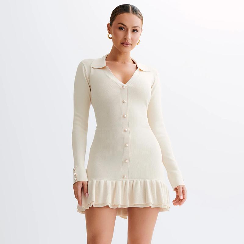 Ruffle Splice Knitwear Dress Women Elegant Bandage Bow Backless Mini Dresses Femme Holiday Long Sleeve Contrast Cardigan Lace Up Vacation Knit Dress