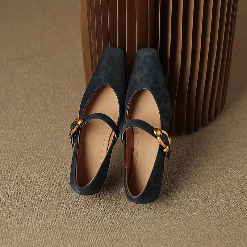 Krazing Pot Sheep Skin Summer Spring Autumn Stiletto Med Heels Leopard Women Square Toe Metal Decoration Shallow Pumps