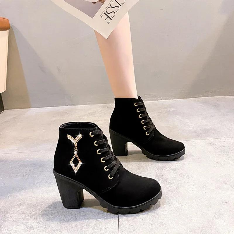 Comemore новинка 2024 года женская обувь ботильоны на шнуровке Zapatos Mujer модные женские повседневные весенние туфли на высоком каблуке весенние туфли на платформе каблук 42 35 чёрный 2329₽