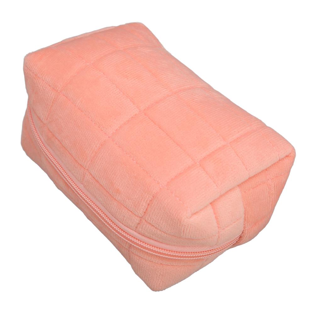 Women Makeup Storage Bag Large Capacity Soft Plush Zipper Closure Checkered Cosmetic Bag