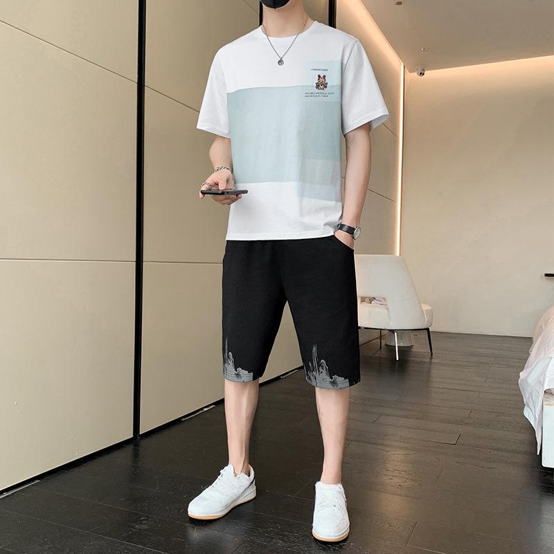 

Спортивный костюм мужской летний дышащий с короткими рукавами шорты мужской костюм из двух частей S белый