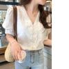 Elegant White Lace Shirt Women's Fashion V-neck Bubble Sleeve Blouse Versatile Summer New Style Korean Loose Fit Color