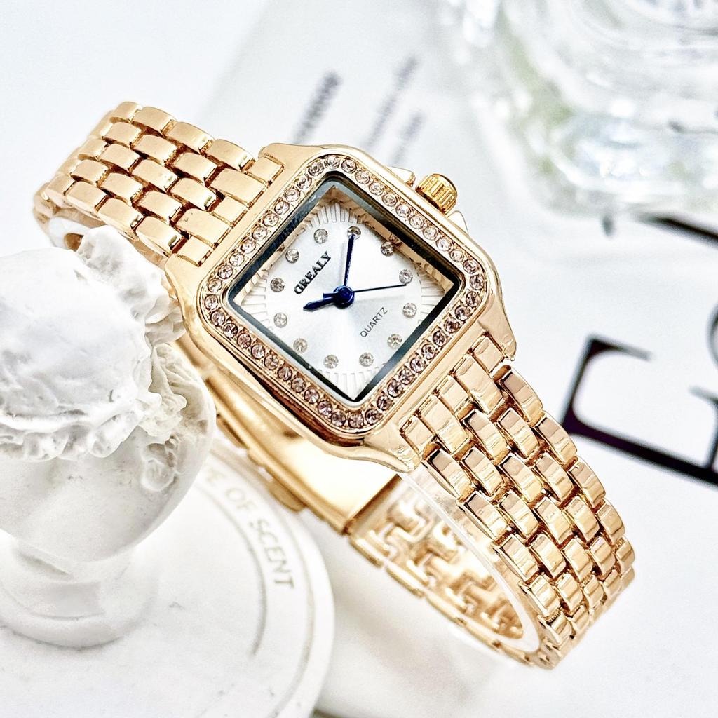 GREALY Women's Classic Retro Square Waterproof Diamond Quartz Watch
