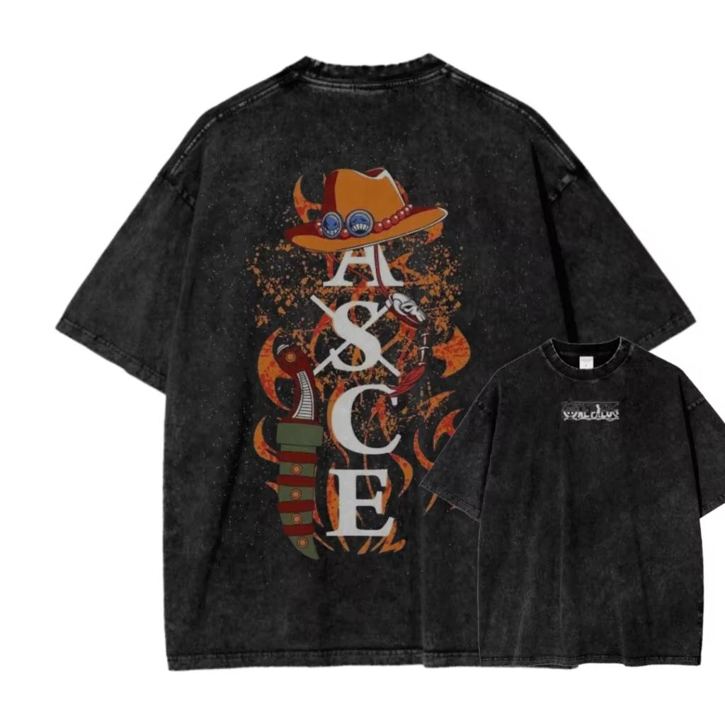 Portgas D. Ace One Piece Gewaschen Übergroß Vintage Unisex Anime Manga Grafik T-Shirt Streetwear Kurze Ärmel Hohe Qualität Damen Herren Kleidung