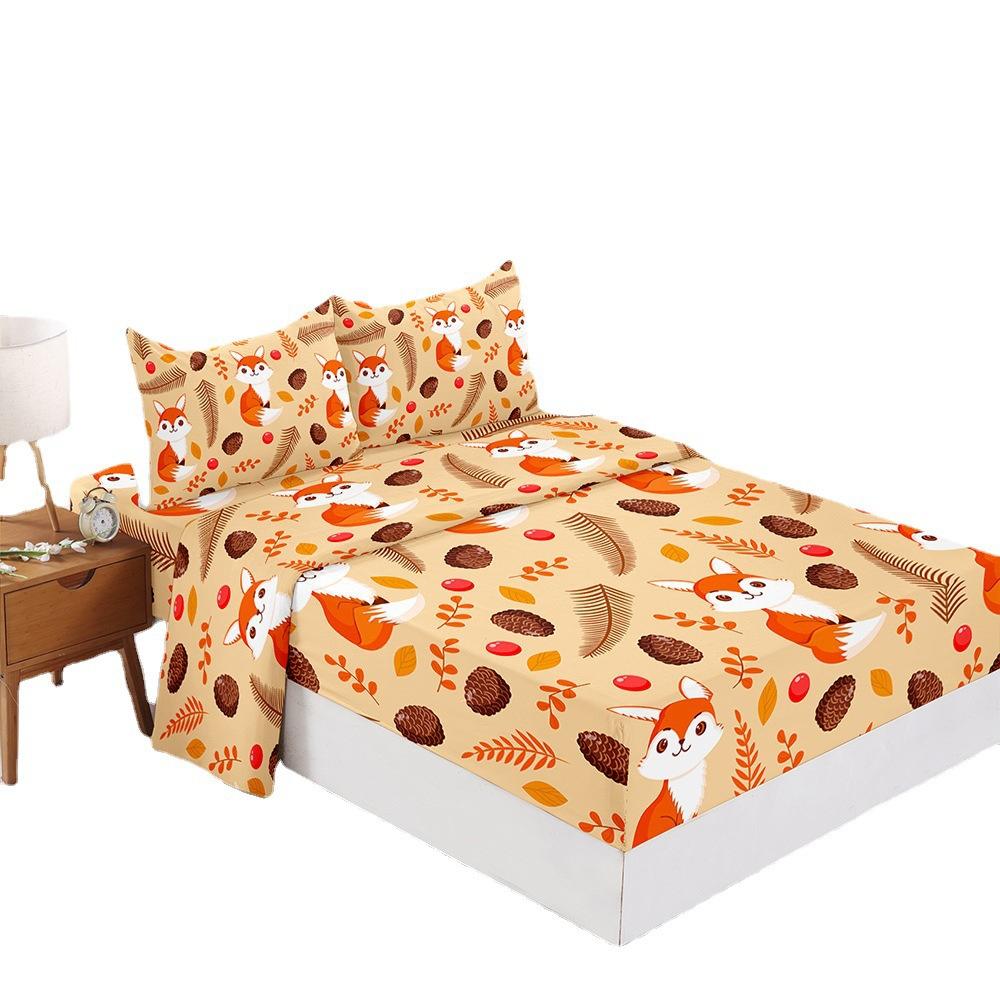 Four-Piece Mattress Set, Little Fox Pumpkin Thanksgiving 3D Digital Printing Mattress Protective Cover