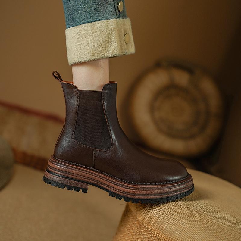 Móda 2025 Zima Pravá Kůže Vlna Sněhule Kulatá Špička Vysoké Podpatky Platformy Boty Elastický Pás Krátké Boty Žena Základní Kozačky