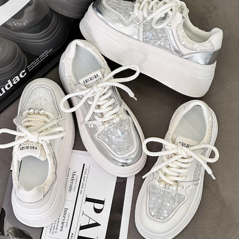 Mesh Breathable Little White Shoes Women's 2025 Summer Thin Fashion Sequins Versatile Casual Sports Thick-soled Heightening Board Shoes