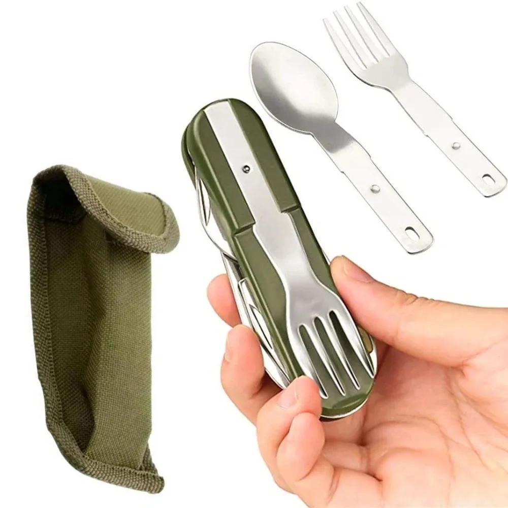Multifunctional 7 In 1 Outdoor Tableware Stainless Steel Foldable Fork Spoon Knife Set for Camping Hiking Picnic Travel Durable